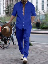 Men's Full Size Striped Button Up Top and Pants Set Plus Size
